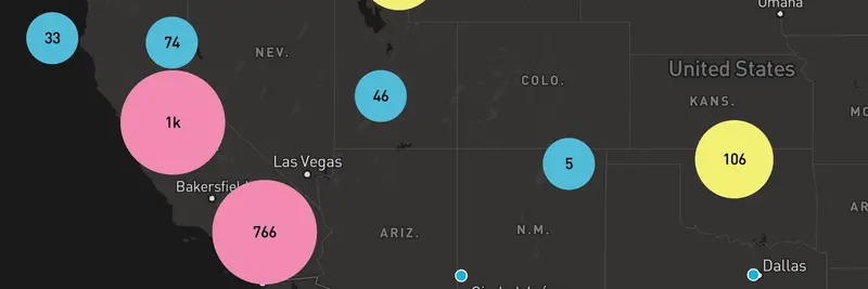Map with circles of different sizes and colors.