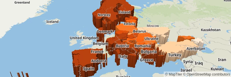 Map of Europe with countries extruded to various heights.