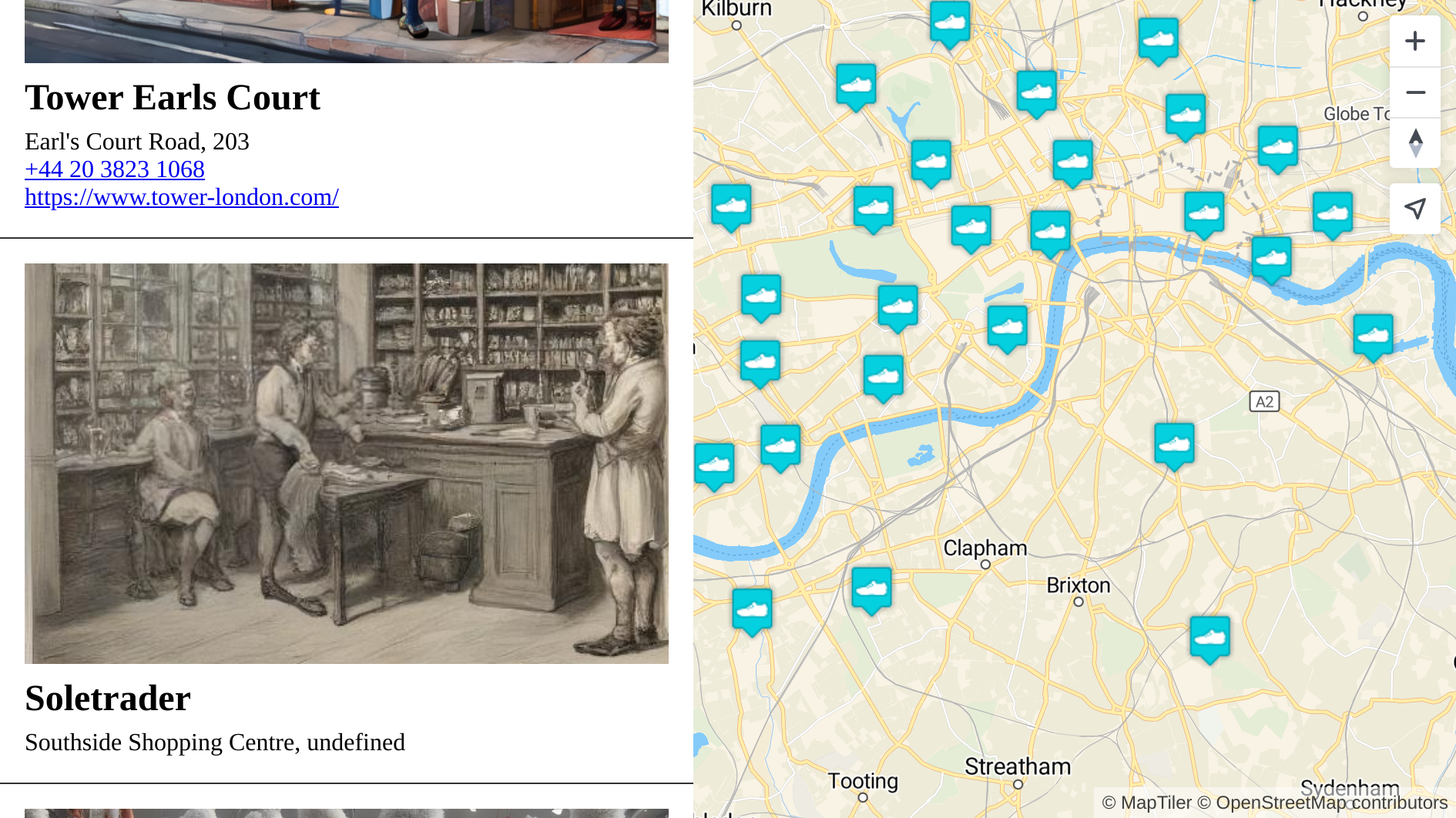 Map with a list of places
