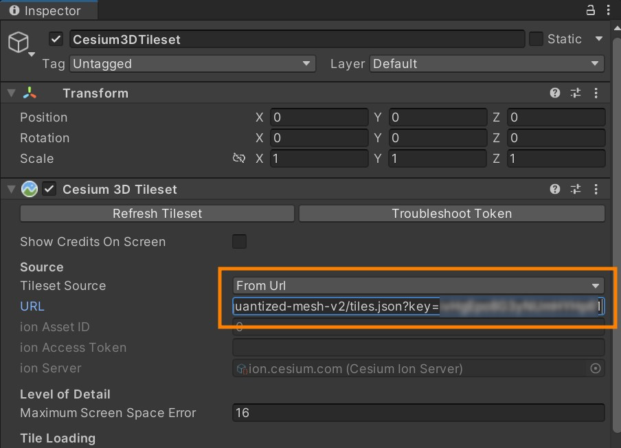 Change Cesium tileset source to From URL