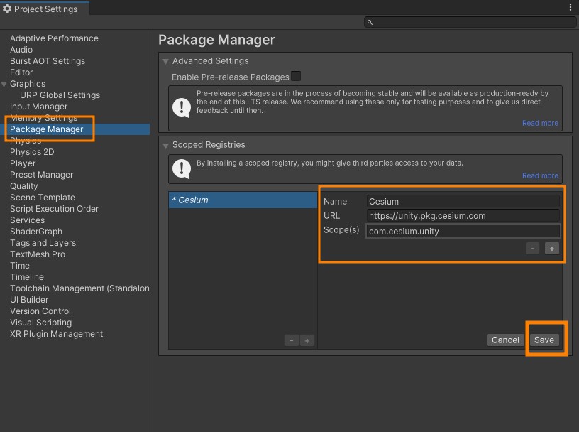Unity project settings