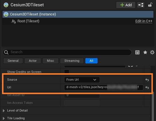 Change Cesium tileset source to From URL