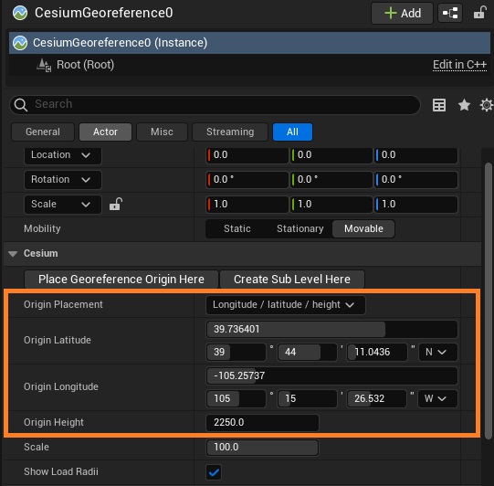Unreal CesiumGeoreference change origin latitude and longitude