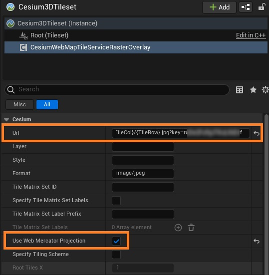 Unreal configure CesiumWebMapTileServiceRasterOverlay url and mercator